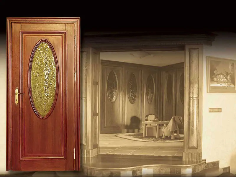 Drzwi wewnętrzne drewniane z szybą ornamentową